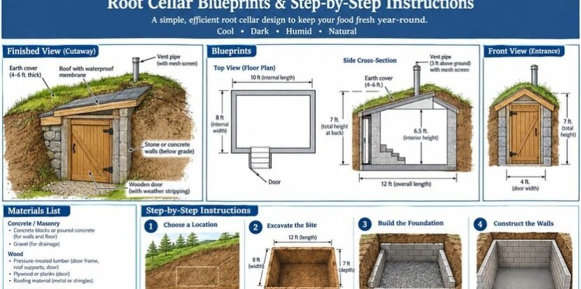Root cellar blueprints: cutaway view, top-view floor plan, side cross-section, and front entrance elevation with dimensions.