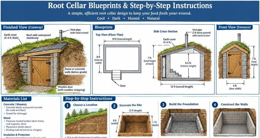 Root cellar blueprints: cutaway view, top-view floor plan, side cross-section, and front entrance elevation with dimensions.