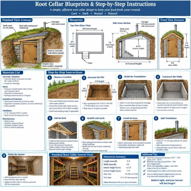 Root cellar blueprint: cutaway view, top-view floor plan, side cross-section, front entrance elevation, materials list, nine construction steps, and a dimensions summary.